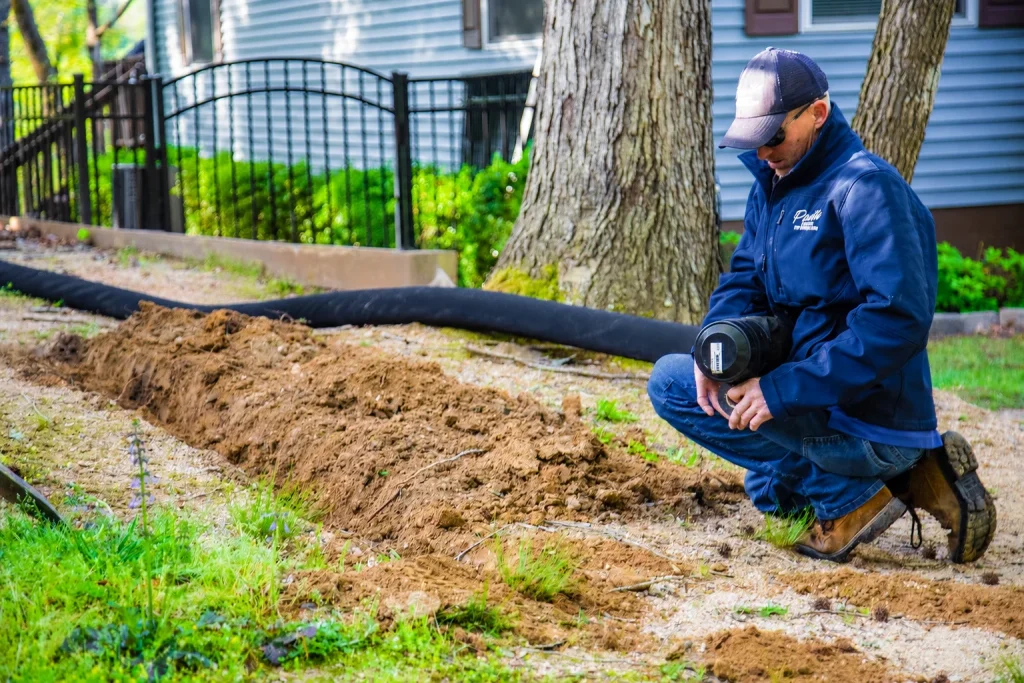 A worker in a blue jacket crouches beside a newly dug trench, preparing to install a