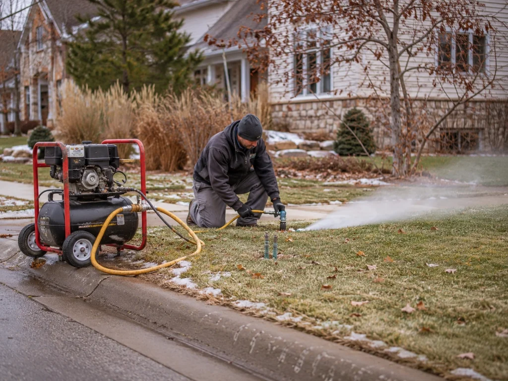 A worker kneels on a frosty lawn, blowing out a sprinkler system with an air compressor.